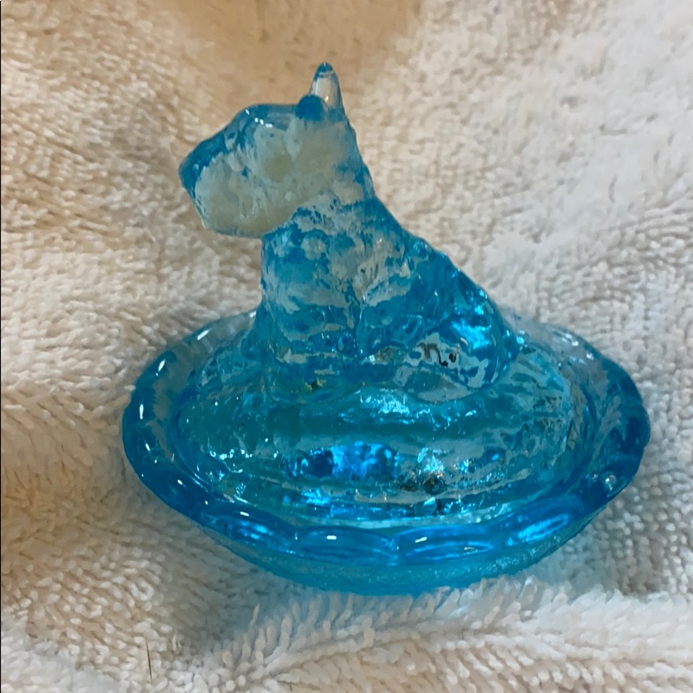 Scottie Dog blue glass mini trinket jar with lid